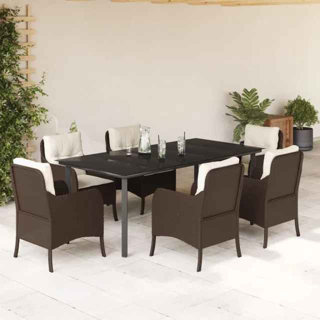 Ensemble à manger de jardin et coussins 7 pcs marron rotin