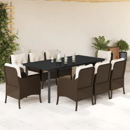 Ensemble à manger de jardin et coussins 9 pcs marron poly rotin