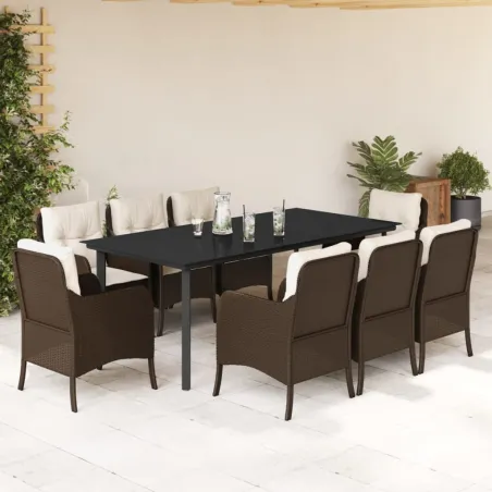 Ensemble à manger de jardin et coussins 9 pcs marron poly rotin