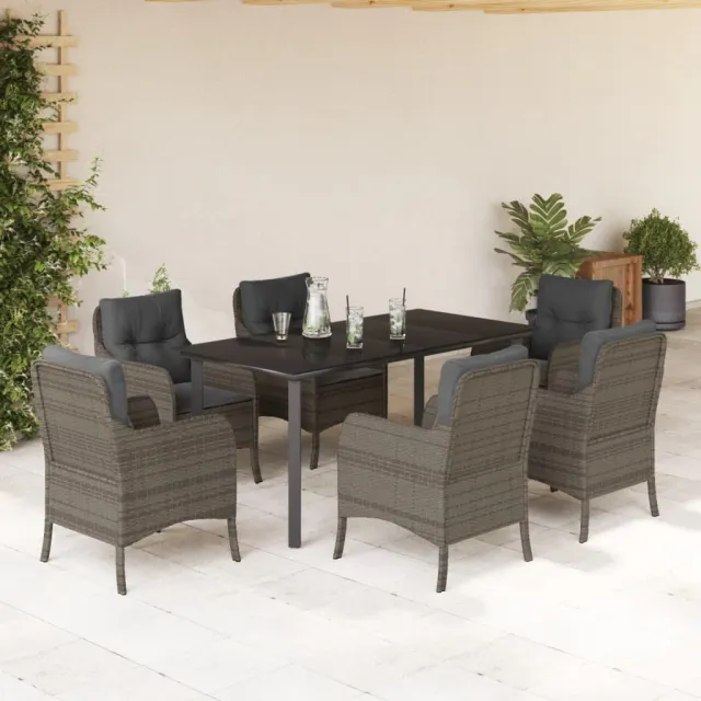 Ensemble à manger de jardin et coussins 7 pcs gris rotin