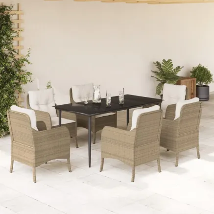 Ensemble à manger de jardin et coussins 7 pcs beige poly rotin