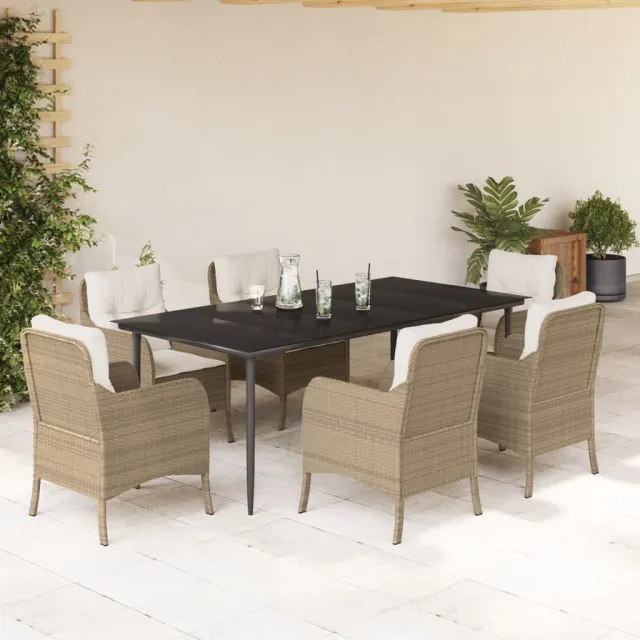 Ensemble à manger de jardin et coussins 7 pcs beige poly rotin