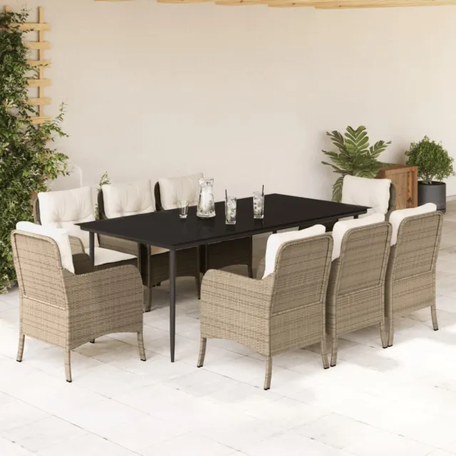 Ensemble à manger de jardin et coussins 9 pcs beige Poly rotin