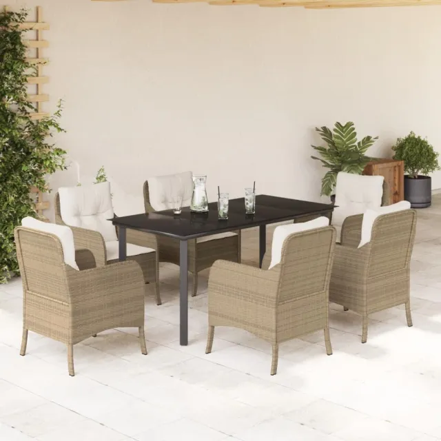 Ensemble à manger de jardin et coussins 7 pcs beige poly rotin