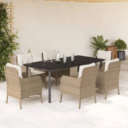 Ensemble à manger de jardin et coussins 7 pcs beige poly rotin