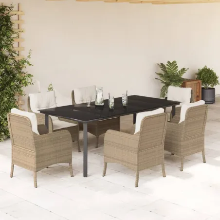 Ensemble à manger de jardin et coussins 7 pcs beige poly rotin