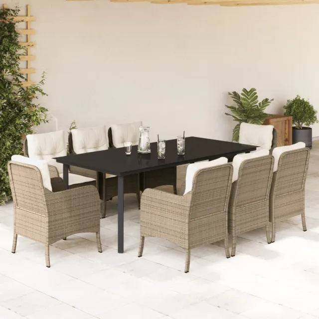 Ensemble à manger de jardin et coussins 9 pcs beige Poly rotin