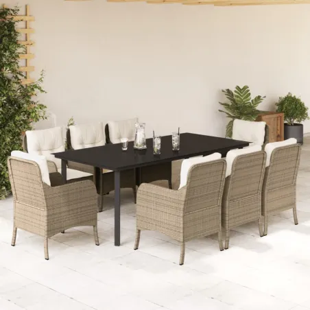 Ensemble à manger de jardin et coussins 9 pcs beige Poly rotin