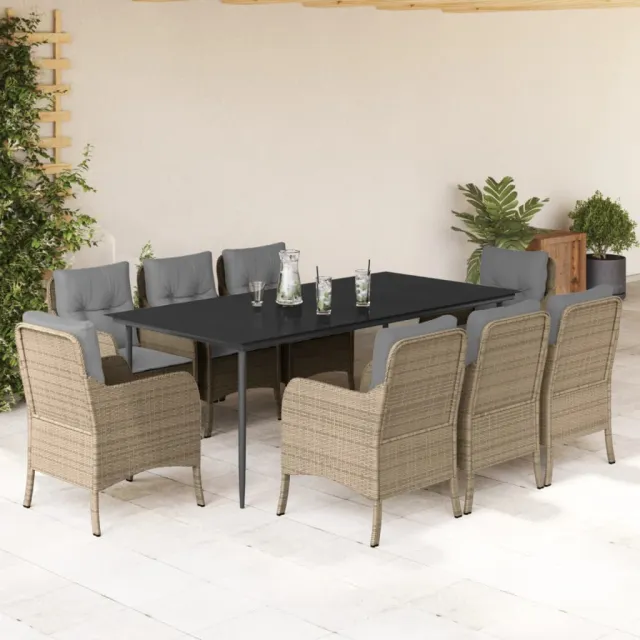 Ensemble à manger de jardin et coussins 9 pcs beige Poly rotin