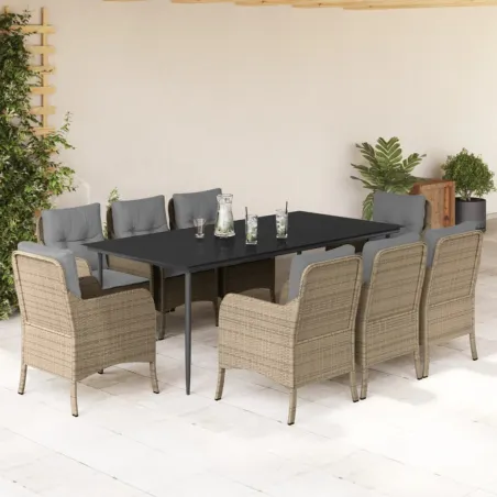 Ensemble à manger de jardin et coussins 9 pcs beige Poly rotin