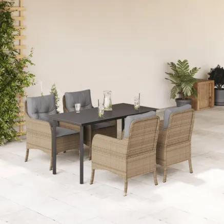 Ensemble à manger de jardin avec coussins 5pcs Beige poly rotin
