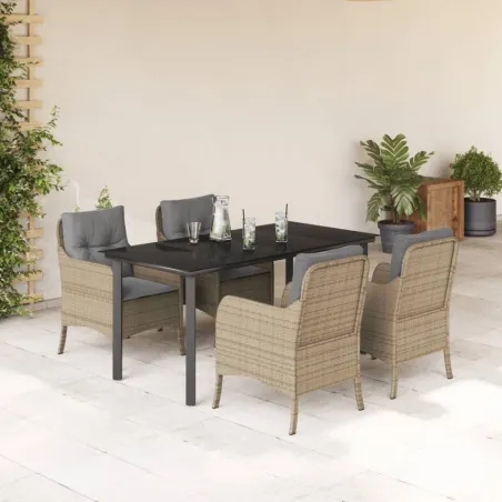Ensemble à manger de jardin avec coussins 5pcs Beige poly rotin