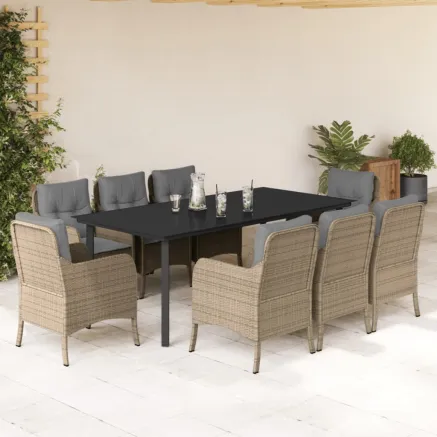 Ensemble à manger de jardin et coussins 9 pcs beige Poly rotin