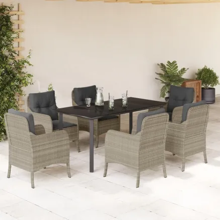Ensemble à manger de jardin et coussins 7 pcs gris clair rotin