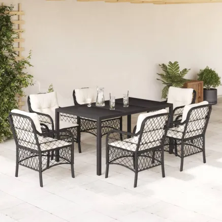 Ensemble à manger de jardin coussins 7pcs Noir Résine tressée