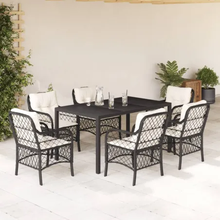 Ensemble à manger de jardin coussins 7pcs Noir Résine tressée
