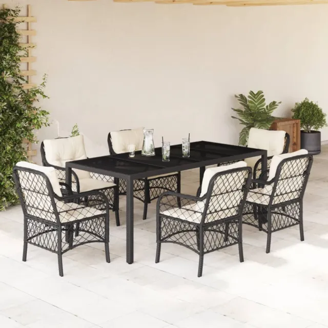 Ensemble à manger de jardin coussins 7pcs Noir Résine tressée
