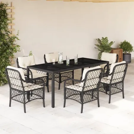 Ensemble à manger de jardin coussins 7pcs Noir Résine tressée