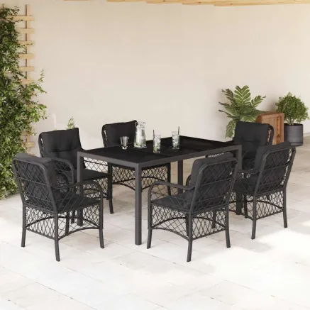 Ensemble à manger de jardin coussins 7pcs Noir Résine tressée