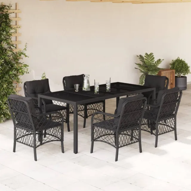 Ensemble à manger de jardin coussins 7pcs Noir Résine tressée