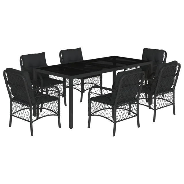 Ensemble à manger de jardin coussins 7pcs Noir Résine tressée
