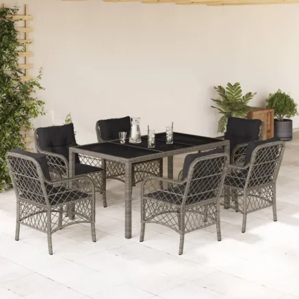 Ensemble à manger de jardin et coussins 7 pcs gris rotin