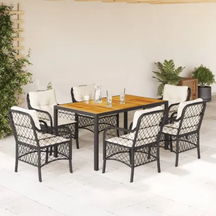 Ensemble à manger de jardin coussins 7pcs Noir Résine tressée