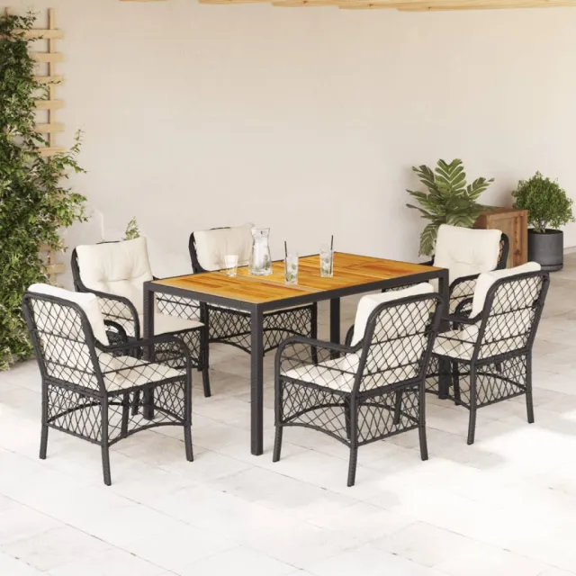 Ensemble à manger de jardin coussins 7pcs Noir Résine tressée