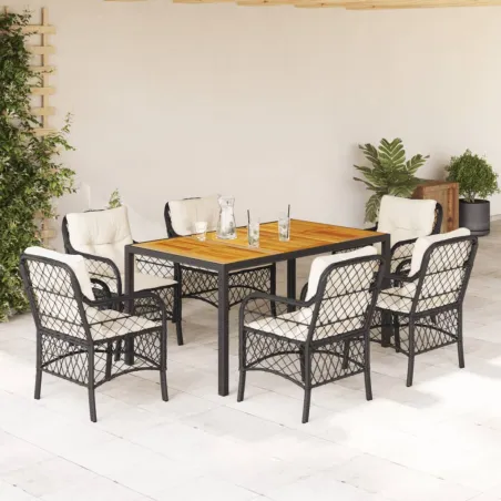 Ensemble à manger de jardin coussins 7pcs Noir Résine tressée