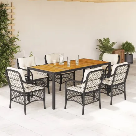 Ensemble à manger de jardin coussins 7pcs Noir Résine tressée