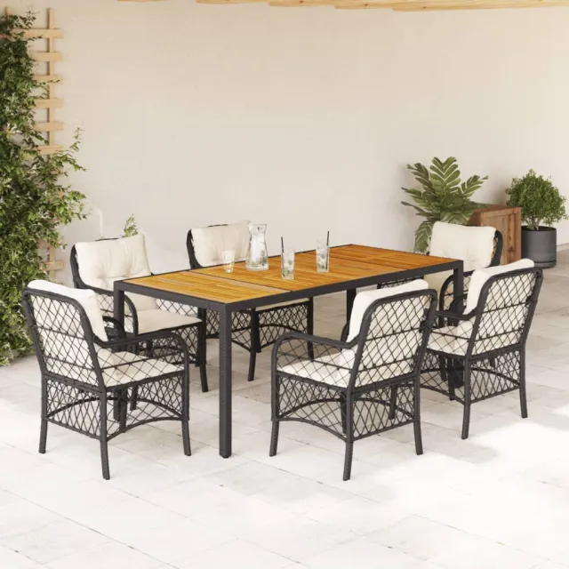 Ensemble à manger de jardin coussins 7pcs Noir Résine tressée