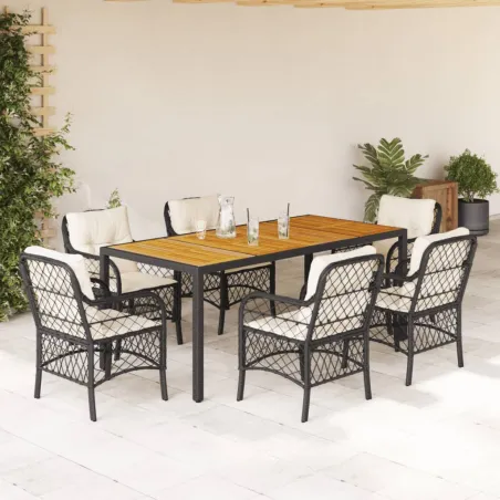 Ensemble à manger de jardin coussins 7pcs Noir Résine tressée