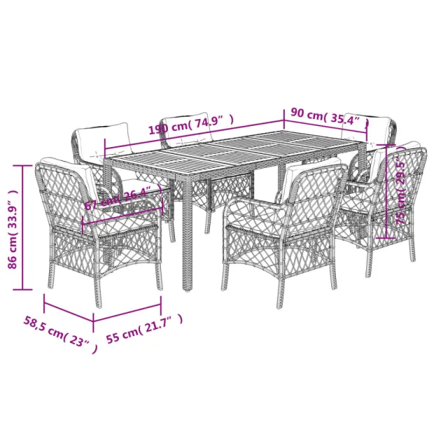 Ensemble à manger de jardin coussins 7pcs Noir Résine tressée