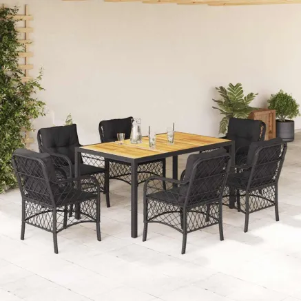 Ensemble à manger de jardin coussins 7pcs Noir Résine tressée