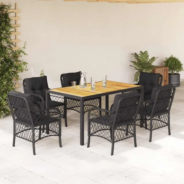 Ensemble à manger de jardin coussins 7pcs Noir Résine tressée