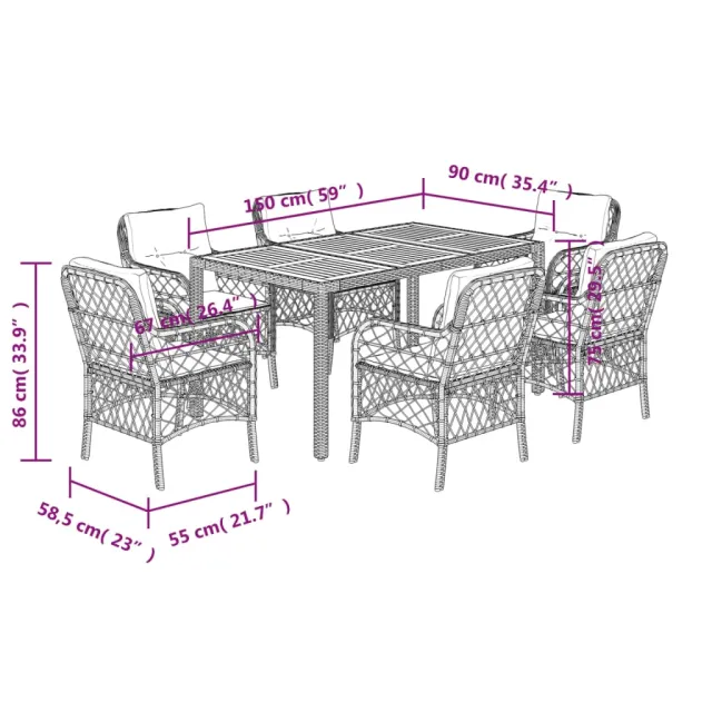 Ensemble à manger de jardin et coussins 7 pcs gris rotin