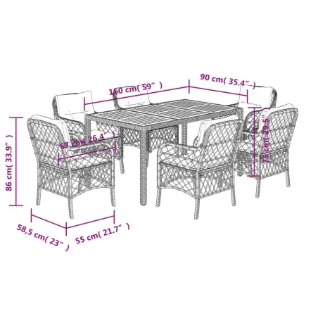 Ensemble à manger de jardin et coussins 7 pcs gris rotin