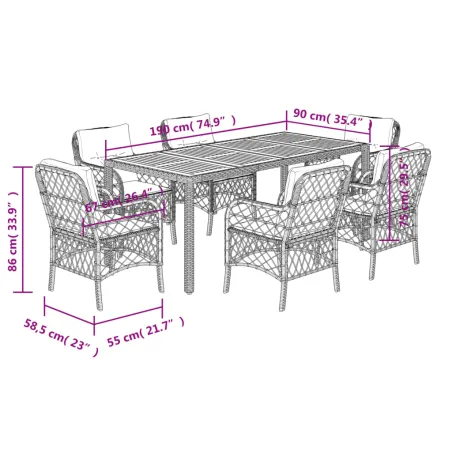 Ensemble à manger de jardin et coussins 7 pcs gris rotin