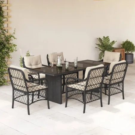 Ensemble à manger de jardin coussins 7pcs Noir Résine tressée