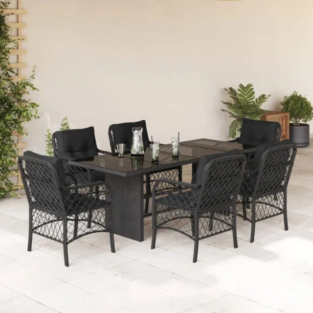 Ensemble à manger de jardin coussins 7pcs Noir Résine tressée