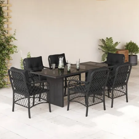Ensemble à manger de jardin coussins 7pcs Noir Résine tressée