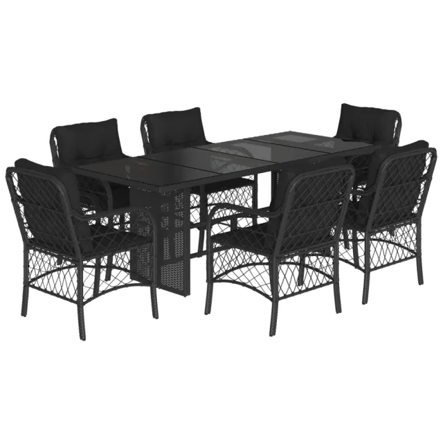 Ensemble à manger de jardin coussins 7pcs Noir Résine tressée