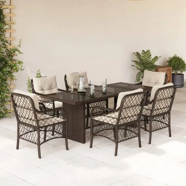 Ensemble à manger de jardin et coussins 7 pcs marron rotin