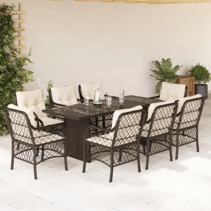 Ensemble à manger de jardin et coussins 9 pcs marron poly rotin