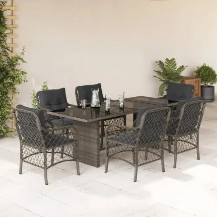 Ensemble à manger de jardin et coussins 7 pcs gris rotin