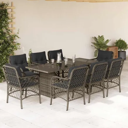 Ensemble à manger de jardin 9 pcs coussins gris résine tressée