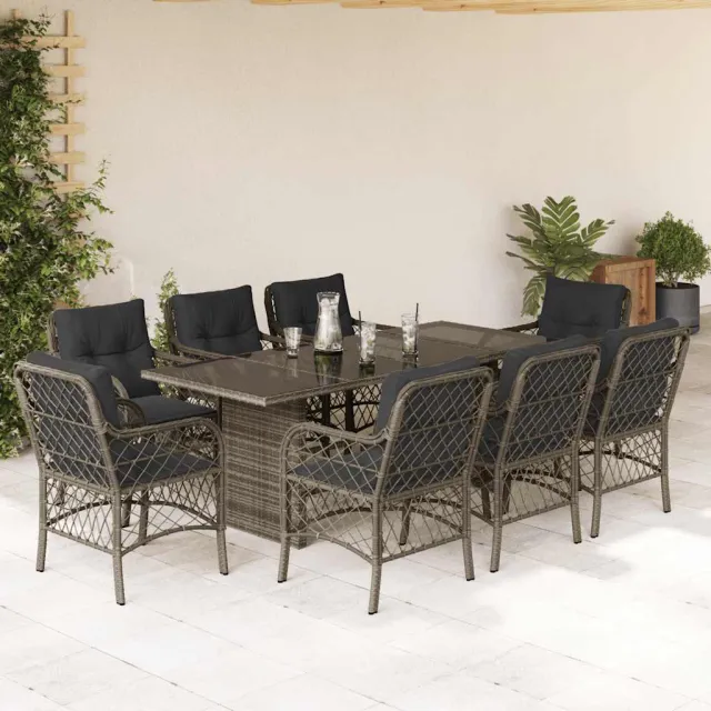 Ensemble à manger de jardin 9 pcs coussins gris résine tressée