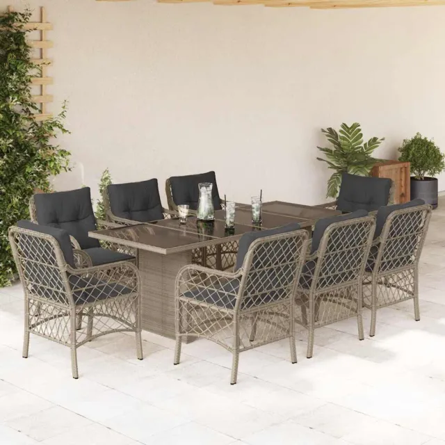 Ensemble à manger de jardin et coussins 9 pcs gris clair rotin