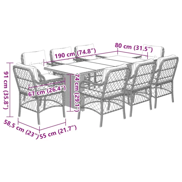 Ensemble à manger de jardin et coussins 9 pcs gris clair rotin