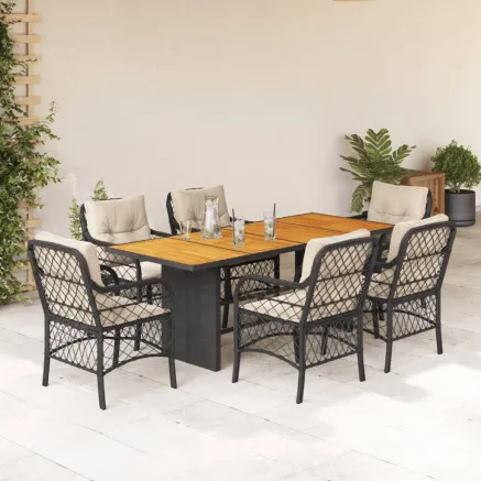 Ensemble à manger de jardin coussins 7pcs Noir Résine tressée